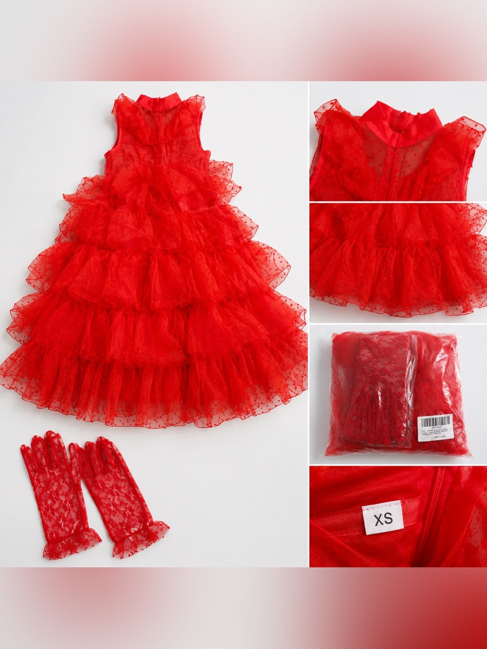 Red Ruffled Tulle Prom Dress with Lace Gloves